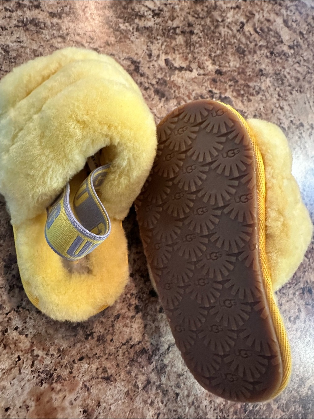 UGG Yellow fluffy toddler Slippers with Elastic Heel Strap 7T